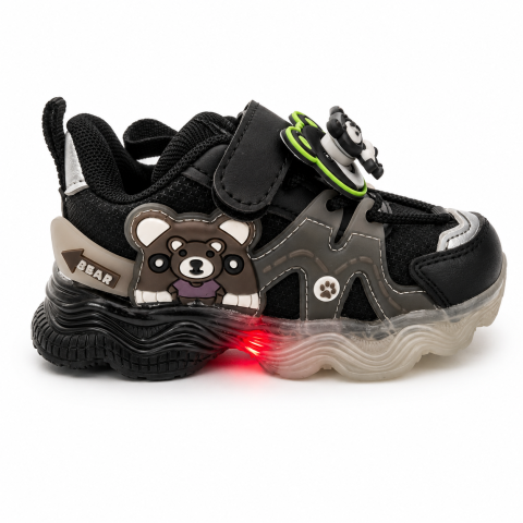 Adidasi sport BEAR negri pentru copii cu luminite LED si inchidere cu arici [3]