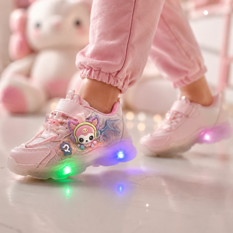 Adidasi sport roz pentru fetite cu luminite LED si inchidere cu arici [2]