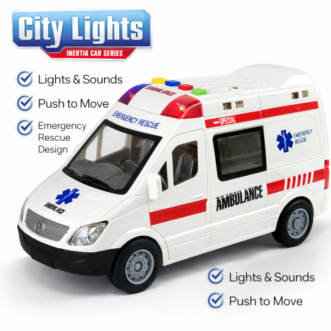 Masinute - Ambulanta cu Lumini, Sunete si Mecanism Friction, Usi care se Deschid