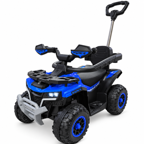 Masinute si vehicule electrice - ATV electric copii 3 in 1, cu maner parental, baterie 6V 4,5Ah, bare laterale detasabile, muzica si lumini, albastru, 1-4 ani