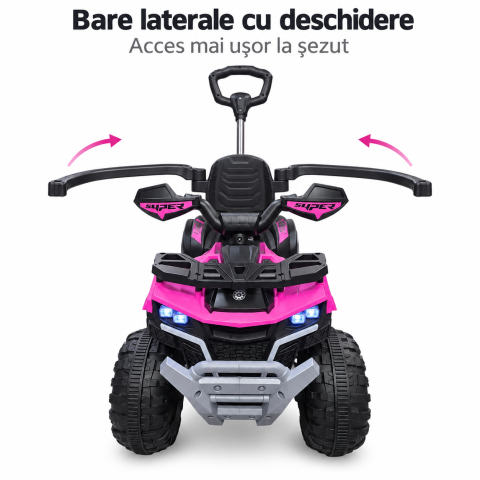 ATV electric copii 3 in 1, cu maner parental, baterie 6V 4,5Ah, bare laterale detasabile, muzica si lumini, roz, 1-4 ani [2]