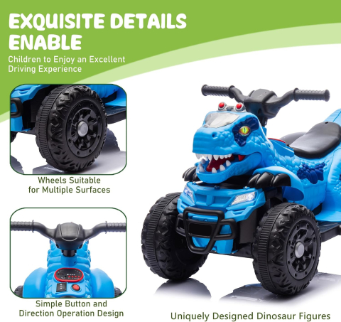ATV electric dinozaur T-Rex pentru copii, 6V 7Ah, motor 35W, lumini LED, Bluetooth, USB si scaun tapitat, albastru, 18-48 luni [8]