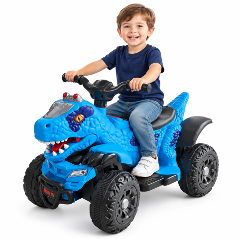 ATV electric dinozaur T-Rex pentru copii, 6V 7Ah, motor 35W, lumini LED, Bluetooth, USB si scaun tapitat, albastru, 18-48 luni [1]