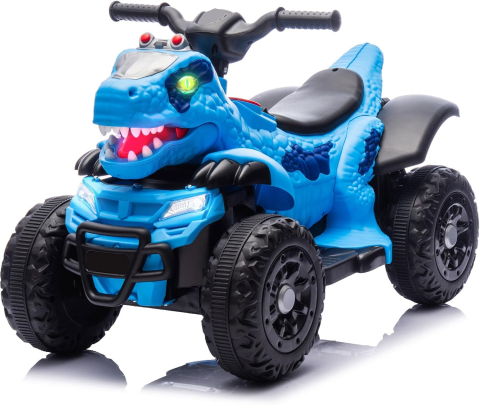 Masinute si vehicule electrice - ATV electric dinozaur T-Rex pentru copii, 6V 7Ah, motor 35W, lumini LED, Bluetooth, USB si scaun tapitat, albastru, 18-48 luni