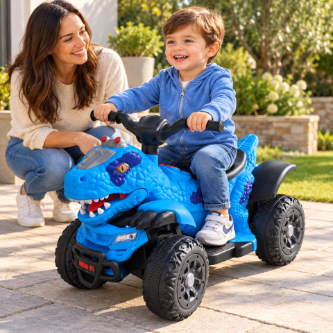 ATV electric dinozaur T-Rex pentru copii, 6V 7Ah, motor 35W, lumini LED, Bluetooth, USB si scaun tapitat, albastru, 18-48 luni [9]