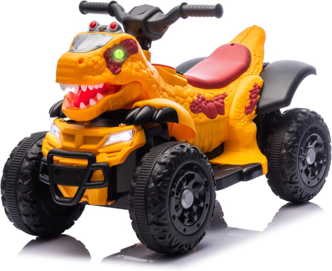 ATV & BUGGY electrice - ATV electric dinozaur T-Rex pentru copii, 6V 7Ah, motor 35W, lumini LED, Bluetooth, USB si scaun tapitat, galben, 18-48 luni