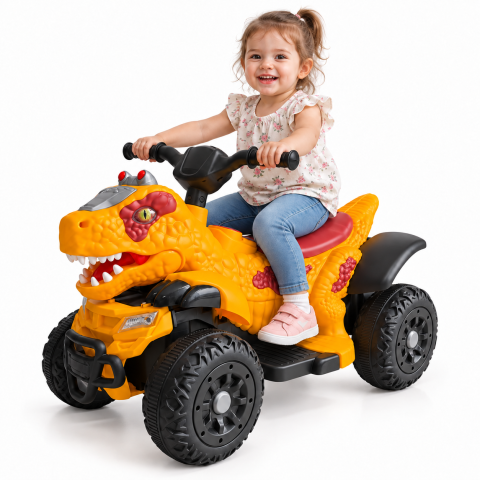 ATV electric dinozaur T-Rex pentru copii, 6V 7Ah, motor 35W, lumini LED, Bluetooth, USB si scaun tapitat, galben, 18-48 luni [1]