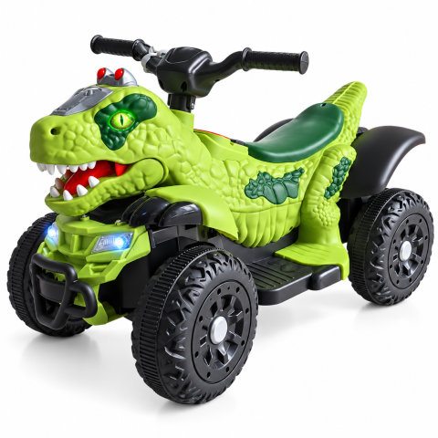 ATV & BUGGY electrice - ATV electric dinozaur T-Rex pentru copii, 6V 7Ah, motor 35W, lumini LED, Bluetooth, USB si scaun tapitat, verde, 18-48 luni