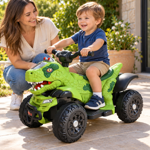 ATV electric dinozaur T-Rex pentru copii, 6V 7Ah, motor 35W, lumini LED, Bluetooth, USB si scaun tapitat, verde, 18-48 luni [13]