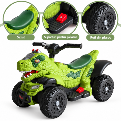 ATV electric dinozaur T-Rex pentru copii, 6V 7Ah, motor 35W, lumini LED, Bluetooth, USB si scaun tapitat, verde, 18-48 luni [16]