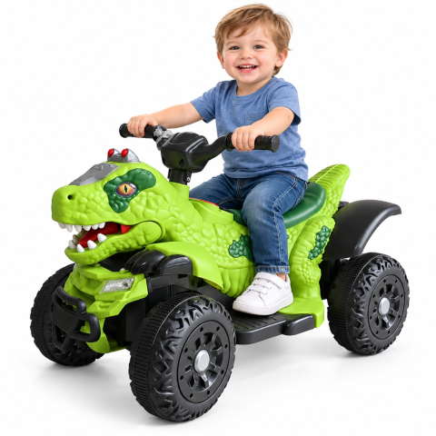 ATV electric dinozaur T-Rex pentru copii, 6V 7Ah, motor 35W, lumini LED, Bluetooth, USB si scaun tapitat, verde, 18-48 luni [1]