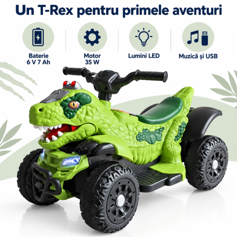 ATV electric dinozaur T-Rex pentru copii, 6V 7Ah, motor 35W, lumini LED, Bluetooth, USB si scaun tapitat, verde, 18-48 luni [14]