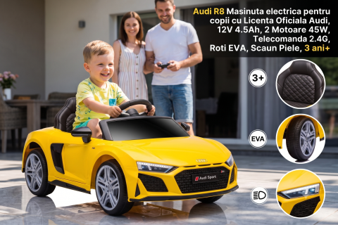 Audi R8 Masinuta electrica pentru copii cu Licenta Oficiala Audi, 12V 4.5Ah, 2 Motoare 45W, Telecomanda 2.4G, Roti EVA, Scaun Piele Ecologica, Bluetooth, Galben [1]