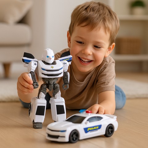 Jucarii Copii - Auto-Robot Masina de Politie 2in1 cu Transformare, Alb