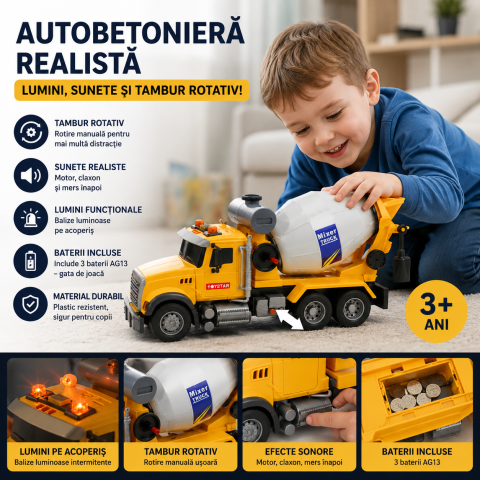 Masinute - Autobetoniera galbena cu lumini sunete tambur rotativ baterii incluse 3 ani+