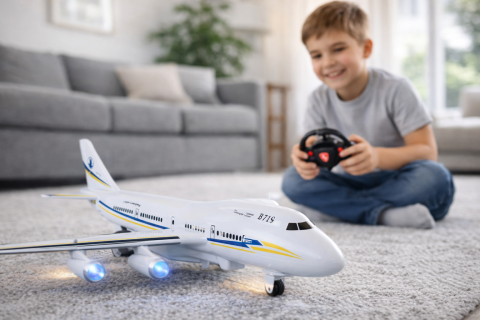 Avioane si elicoptere R/C - Avion de Pasageri cu Telecomanda R/C cu Lumini si Sunete + Telecomanda Tip Volan