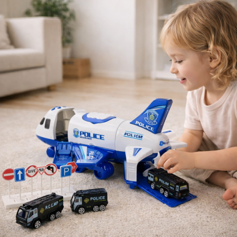 Avioane si elicoptere R/C - Avion Politie Pliabil cu Masinute 1:64 cu Lumini si Sunete