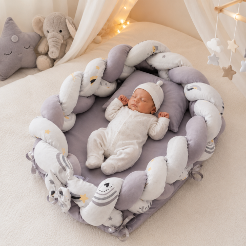 Esentiale nou-nascuti - Baby nest cocon 0-1 ani  gri cu perna si saltea 70x52 cm