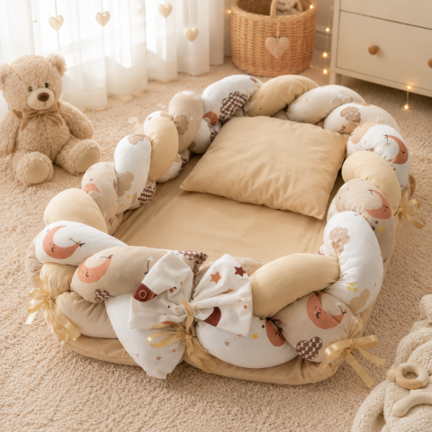 Esentiale nou-nascuti - Baby nest cocon crem cu perna si saltea 80x52 cm