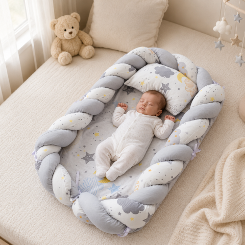 Esentiale nou-nascuti - Baby nest cocon din muselina gri cu perna si saltea 80x52 cm