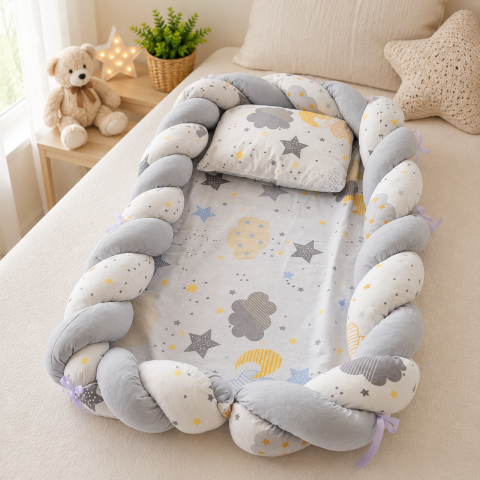 Baby nest cocon din muselina gri cu perna si saltea 80x52 cm [3]