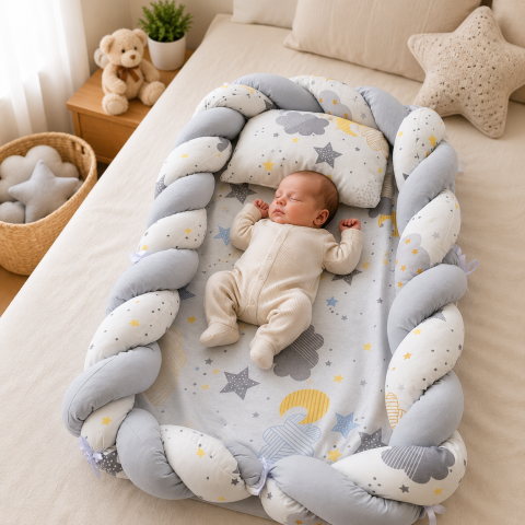 Baby nest cocon din muselina gri cu perna si saltea 80x52 cm [1]