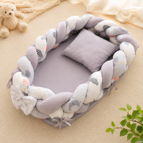 Esentiale nou-nascuti - Baby nest cocon gri cu perna si saltea 70x52 cm