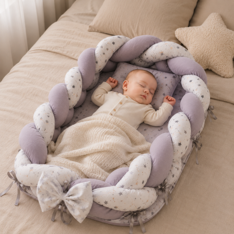 Esentiale nou-nascuti - Baby nest cocon gri din muselina cu perna si saltea 70x52 cm