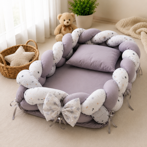 Baby nest cocon gri din muselina cu perna si saltea 70x52 cm [1]