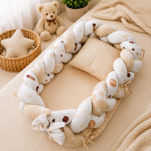 Esentiale nou-nascuti - Baby nest - Cocon muselina multicolor cu perna si saltea 75x52 cm