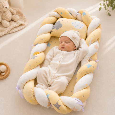 Esentiale nou-nascuti - Baby Nest Cocon Tricotat pentru Bebelusi, Muselina, Protectie Impletita, Saltea si Pernuta Incluse, 72 x 52 cm, Galben, 0-1 Ani