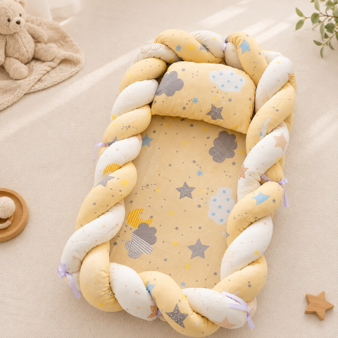 Baby nest cocon tricotat galben cu perna si saltea 72x52 cm [3]