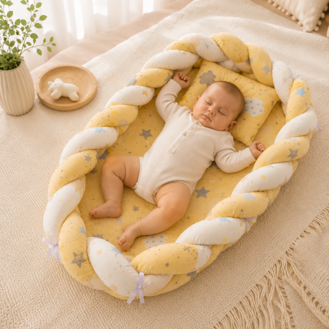 Esentiale nou-nascuti - Baby nest cocon tricotat galben cu perna si saltea 72x52 cm 0-12 luni