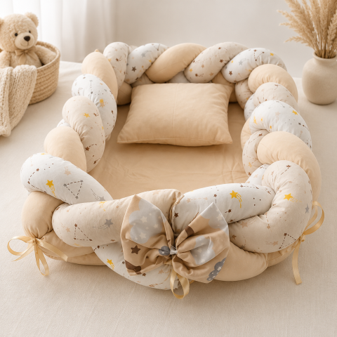 Cosulete bebe - Baby Nest cocon tricotat galben cu perna si saltea din muselina