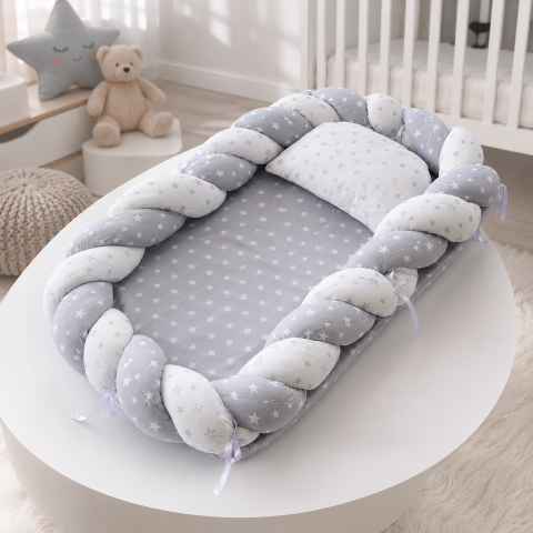 Cosulete bebe - Baby Nest cocon tricotat gri cu perna si saltea din muselina
