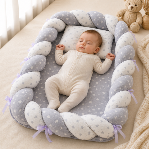 Cosulete bebe - Baby Nest cocon tricotat gri cu perna si saltea din muselina
