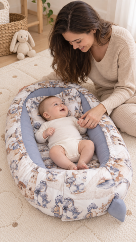 Baby Nest, Cuib bebe din muselina cu dragoni jeans 80x45 + perna 0-6 luni [7]