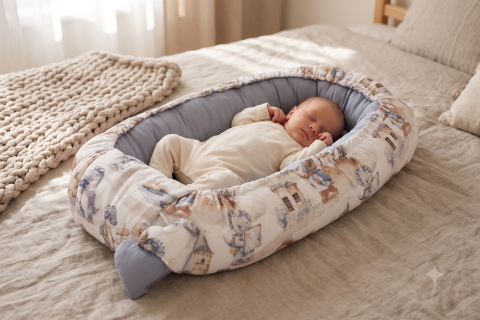 Baby Nest, Cuib bebe din muselina cu dragoni jeans 80x45 + perna 0-6 luni [8]