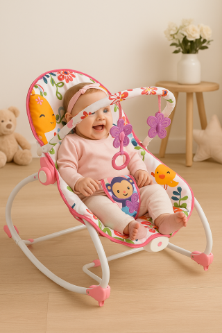 Balansoare si leagane electrice - balansoar-2in1-roz-flori-vibratii-muzica-Bebelul