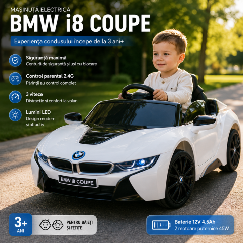 Masinute electrice - Masinuta electrica BMW i8 Coupe alba cu telecomanda 2.4G si lumini LED 3 ani+