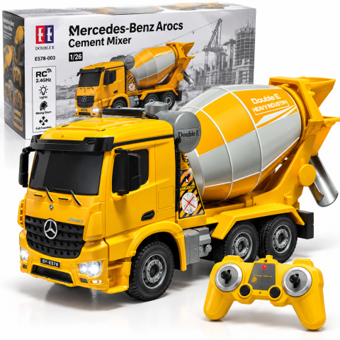 Jucarii cu telecomanda (RC) - Betonieră cu telecomandă Mercedes-Benz Arocs Double E E578-003, licență oficială, tambur rotativ, 2,4 GHz, 1:26, galben, 6 ani+
