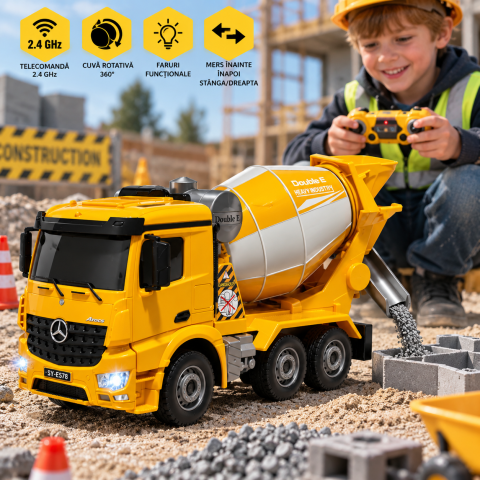 Betonieră cu telecomandă Mercedes-Benz Arocs Double E E578-003, licență oficială, tambur rotativ, 2,4 GHz, 1:26, galben, 6 ani+ [1]