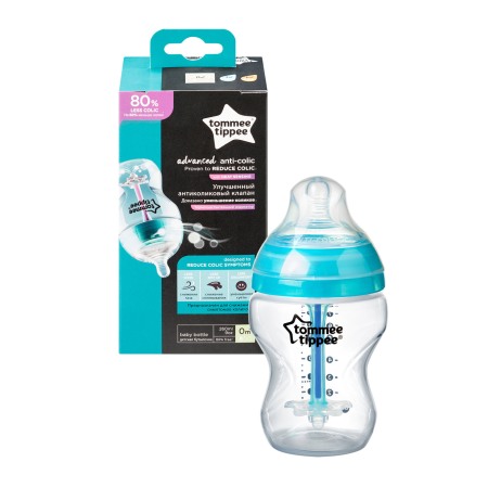 Biberoane, tetine, sterilizatoare si accesorii - Biberon cu sistem de ventilatie TOMMEE TIPPEE Advanced, flux lent, 0 luni +, 260 ml, Albastru - transparent