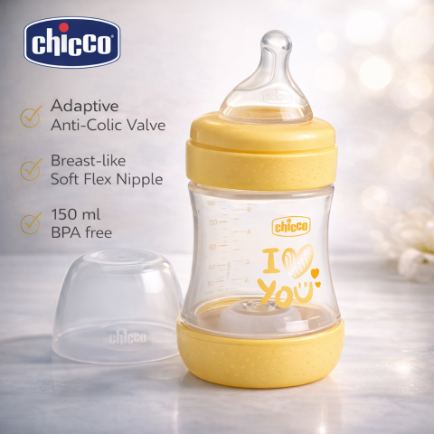 Biberoane - Biberon din sticla cu tetina din silicon 150 ml Chicco Perfect 5 153879, Galben