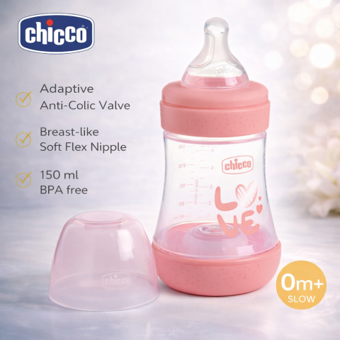 Biberoane - Biberon din sticla cu tetina din silicon 150 ml Chicco Perfect 5, Roz