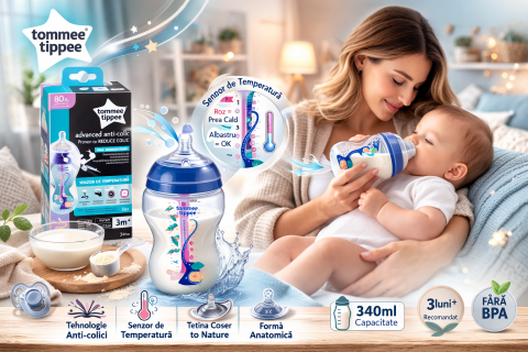 Biberoane - Biberon anticolici +3 luni cu senzor de temperatura, 340 ml, Tommee Tippee