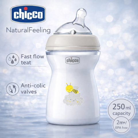 Biberoane - Biberon din sticla cu tetina din silicon 250 ml Chicco Natural Feeling 153664, Alb