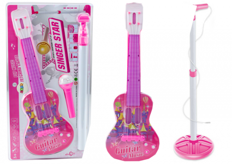 Jucarii Copii - chitara-electrica-roz-microfon-stativ-copii-lumini-melodii-Bebelul