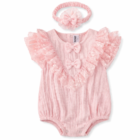 Body bebe roz din muselina cu dantela si fundite Kardesler [1]