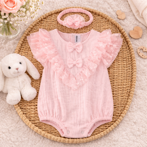 BODY - Body bebe roz din muselina cu dantela si fundite Kardesler